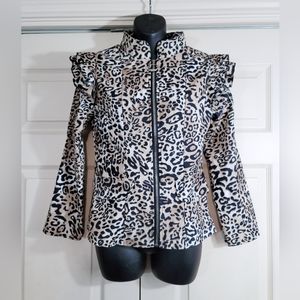 Leopard Print Zip-Up Jacket Top Ruffled Shoulders